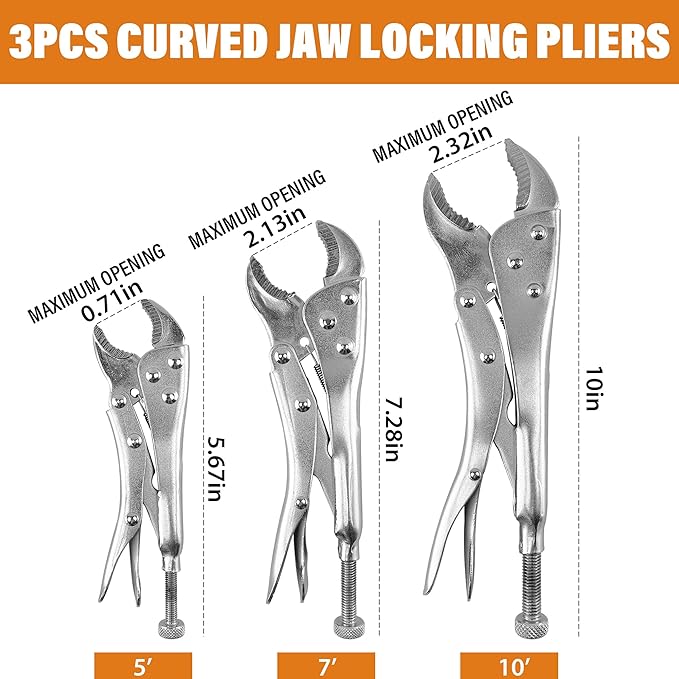 5-Piece Heavy-Duty Locking Pliers Tool Set with Case, 5", 7" & 10" Curved Jaw Adjustable Vise Grip Pliers and 7" & 9" Long Nose Welding Clamps for DIY Projects,Mechanic and Woodworking