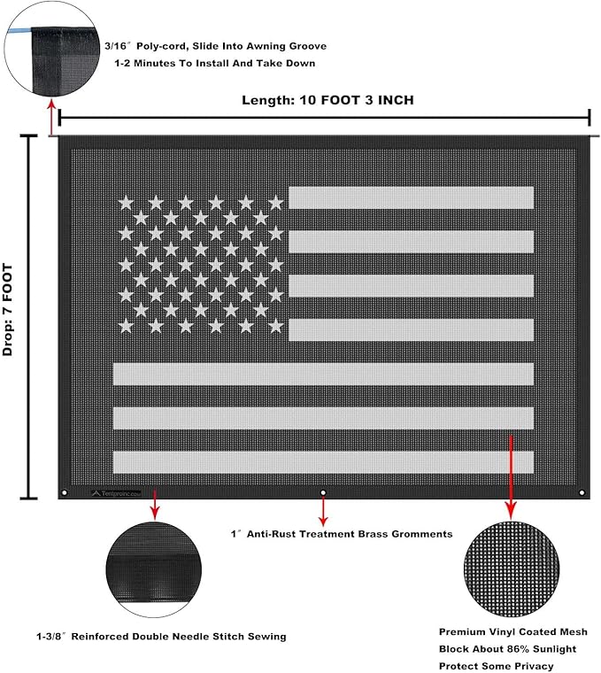 Tentproinc RV Awning Sun Shade Screen 7' X 10' 3'' (American Flag) Black Mesh Sunshade Camper Trailer Awning Shade Screen UV Blocker Completed Kits