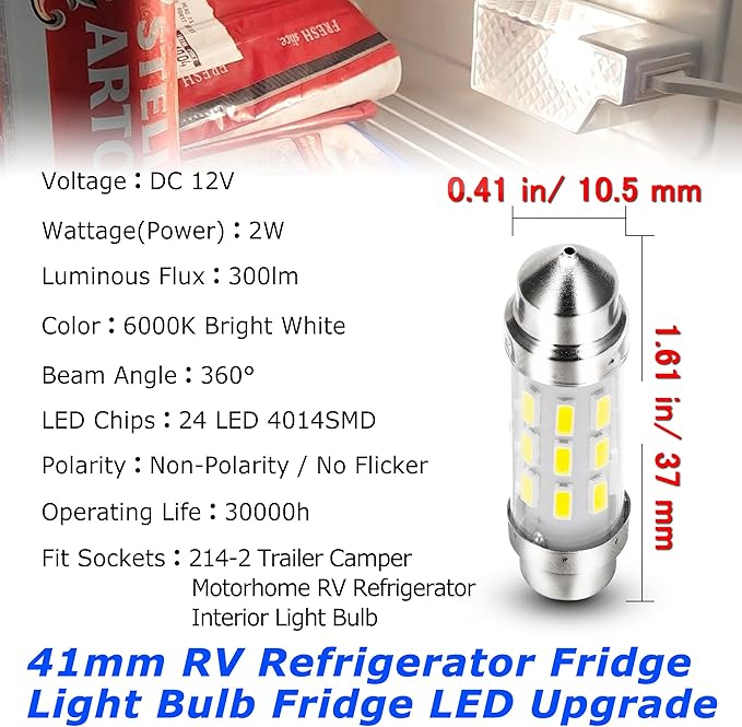 4PCS RV Refrigerator Fridge Light Bulb 41mm, DC12V LED Festoon Bulb, 214-2 578 211-2 Trailer Camper Motorhome RV 212-2 Interior Car Reading Dome Map Trunk Door License Plate Courtesy Lights Bright