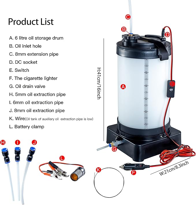 Oil Pump with Oil Change Hose, Oil Change Tool, Oil Pump, for Vacuum Suction of Oil, Stable and Not Deformed, Suitable for Cars, SUVs, Trucks, Yachts (Electric powered-6L)