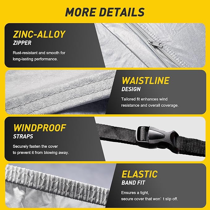 Caromop 10-Layer Waterproof Car Cover All Weather Protection (Snow, Rain, Sun) with Secure Fit Straps and Easy On/Off Zipper-Size T1 (See Size-Chart)