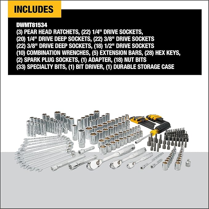 DEWALT Mechanics Tool Set, 1/4" & 3/8" & 1/2" Drive, SAE/Metric, 205-piece (DWMT81534)