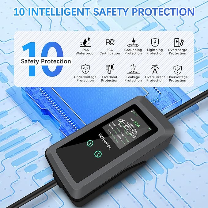 Portable Level 1&2 EV Charger, 32 Amp, Portable Charger for Home and J1772, 25ft Cable, 240V, Charging Stations with LED Display, NEMA14-50 Plug, Current Adjustable.(Tesla Need Adapter)