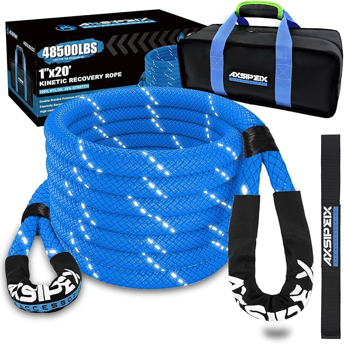 Kinetic Recovery Rope (Reflective) | 1in x 20ft 48,500Lbs Heavy Duty, 35% Elasticity Tow Rope - Offroad Snatch Strap for 4x4 Truck SUV UTV ATV Jeep