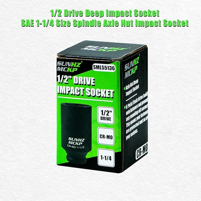 SUNHZMCKP 1/2 Inch Drive Impact Socket, SAE 1-1/4 In Deep 6 Point Socket, CR-MO, Axle Nut Impact Grade Socket for Easy Removal (1-1/4)