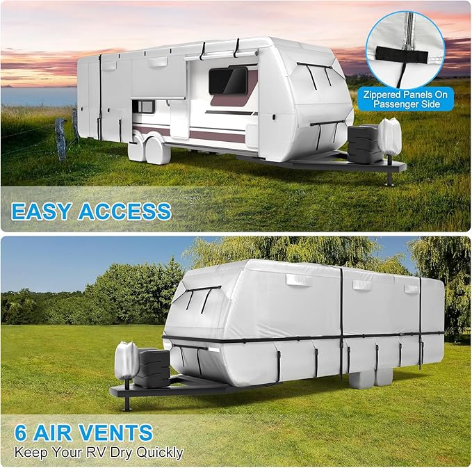 Mofeez Oxford Fabric Travel Trailer RV Cover, Camper Cover with 420D Oxford for The Top, 22'-24' Tearproof Waterproof Windproof Travel Trailer Cover with 4 Tire Covers, Jack Cover and Zippered Doors