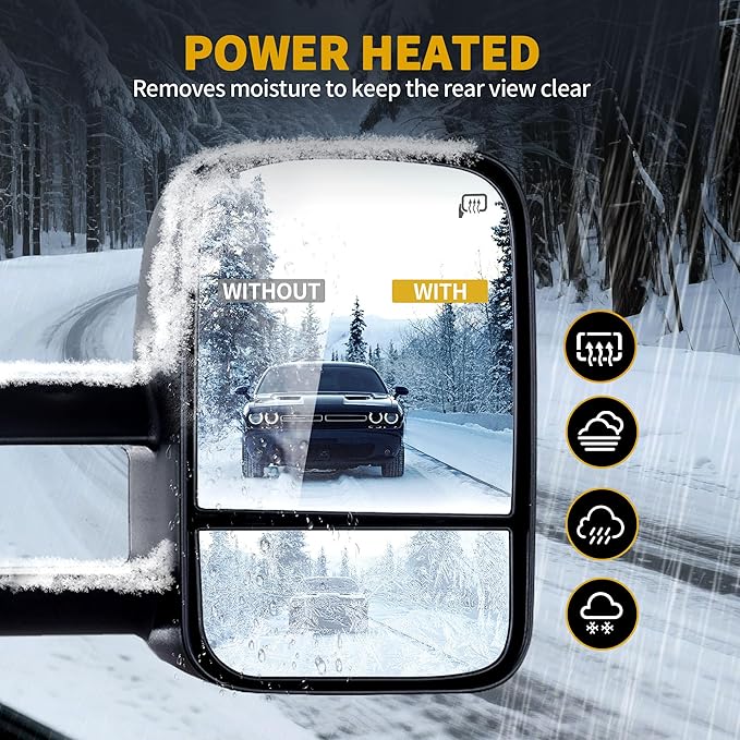 DWVO Power Heated Telescoping Towing Mirrors for 1999–2002 Chevy Silverado, GMC Sierra 1500/2500/3500, Suburban, and Yukon XL, Dual Glass, Extendable, Folding Mirror Pair Set, Black