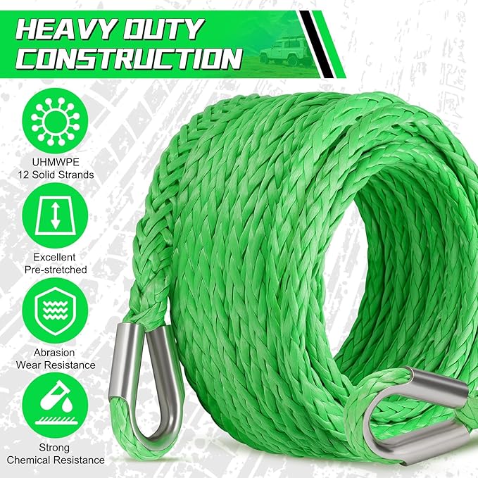 Synthetic Winch Rope Extension, 3/8Inch x 50Ft 26500 Lbs Winch Extension Cable Replacement Tow Ropes Line for Off Road Vehicle ATV UTV Truck SUV Jeep (Green)