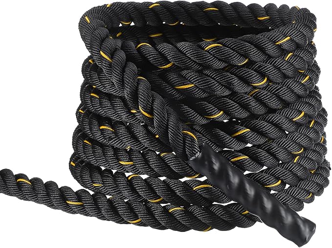 MECCANIXITY Battle Rope 30ft x 1.5 Inch Polyester Workout Rope Heavy Fitness Exercise Rope for Strength Training Home Gym Muscle Building, Black Yellow