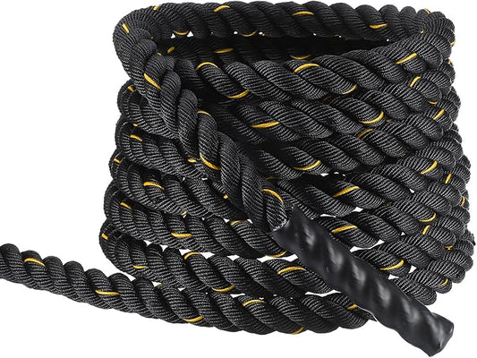 MECCANIXITY Battle Rope 30ft x 1.5 Inch Polyester Workout Rope Heavy Fitness Exercise Rope for Strength Training Home Gym Muscle Building, Black Yellow