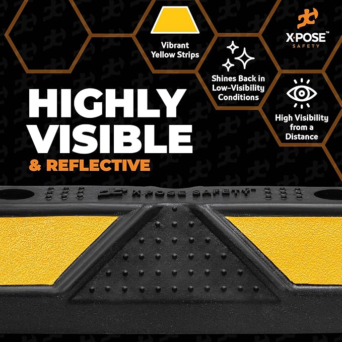 Xpose Safety 22" Heavy Duty Rubber Parking Stopper – 6 Pack Wheel Blocks for Garage, Driveway, or Ramp – Car Bumper Stop with Yellow Reflective Strips – Removable Floor Mount