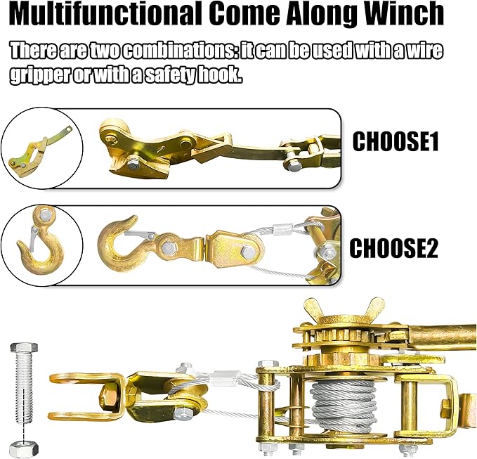 Come Along 2 Ton Cable Winch Puller with Cable Grip Steel Wire Puller 2 Hooks Portable Steel Cable Puller for 3/16" to 9/10" Cable Zipline Cable Tensioner Kit