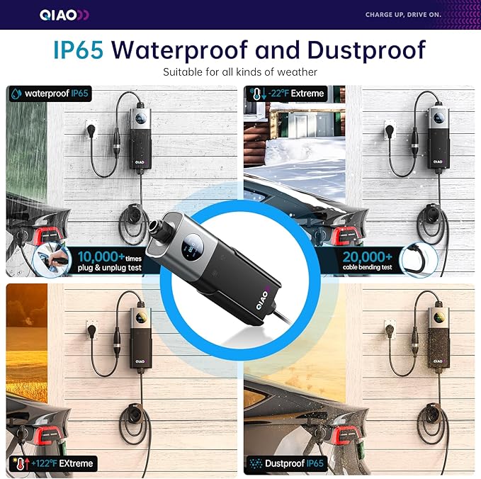 QIAO 40A Portable EV Charger & Mobile EV Charger Level 2, Replaceable Plug (NEMA 14-50 & More), Max 9.6kW Wall-Mount Power, J1772, 25ft Cable, 2.8" LCD for Home & Travel
