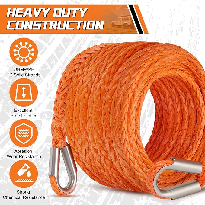 Synthetic Winch Rope Extension, 3/8Inch x 50Ft 26500 Lbs Winch Extension Cable Replacement Tow Ropes Line for Off Road Vehicle ATV UTV Truck SUV Jeep (Orange)
