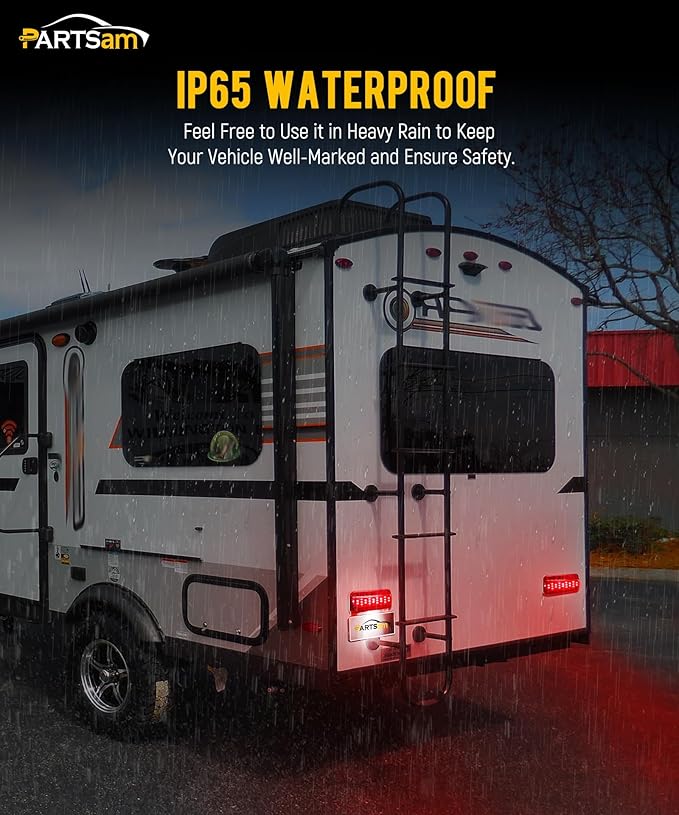 Partsam Rectangular Red LED RV Camper Trailer Stop Turn Brake Tail Lights White License Plate Light 49 LED with License Bracket Holder and White Base 12V Sealed w Reflex Surface Mount (Left + Right)