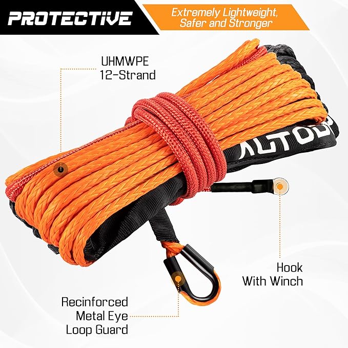 Synthetic Winch Rope - 3/16" x 50ft 8,450LBS Winch Line with 4-7/8" Fairlead, Forged Winch Hook and Rubber Stopper, Protective Sleeve Synthetic Winch Cable for 4WD ATV UTV Offroad Vehicles Orange