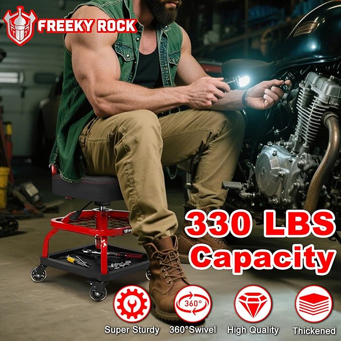 Rolling Shop Stool with Wheels, Garage Mechanic Shop Chair with Handle Backrest, Adjustable Height Work Stool, Roller Seat with Tool Tray Storage, Heavy Duty, 330 LBS Capacity, Red