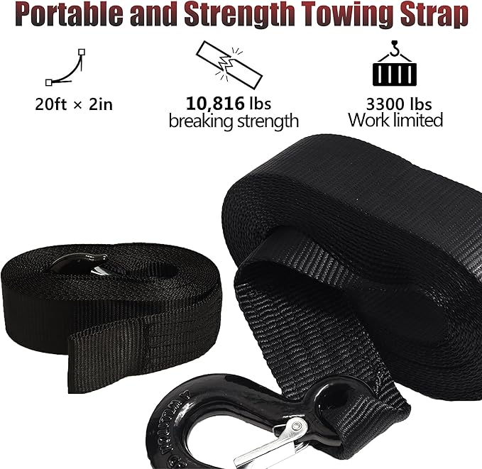 Heavy Duty Boat Trailer Winch Strap with Hook - 2" x 20' - 10,816lbs Breaking Strength, Hand Crank, Automotive Towing