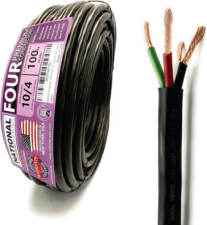 NATIONAL Wire & Cable – 10 AWG 4-Conductor Premium Copper Wire, 100 ft, Stranded | Made in USA, Heavy-Duty Flexible Jacket | Automotive, Solar, Battery, Indoor and Outdoor Use