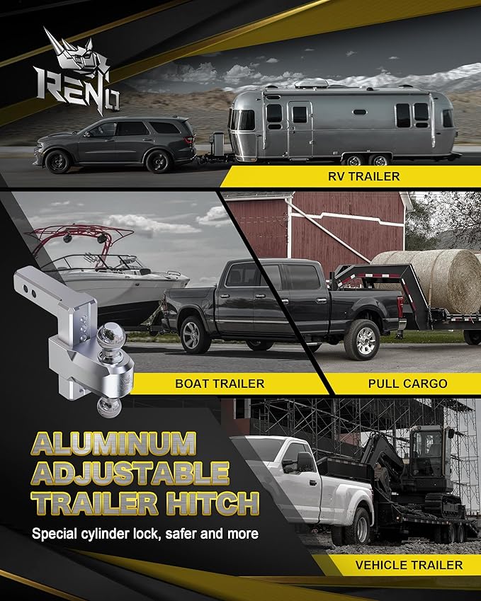 RENO Adjustable Trailer Hitch, Fits 2.5 inch Receiver Hitch 6" Rise/Drop Tow Hitch, Heavy Duty 2" & 2-5/16" Ball Hitches with 18,500 LBS GTW (1 Pack, Aluminum)