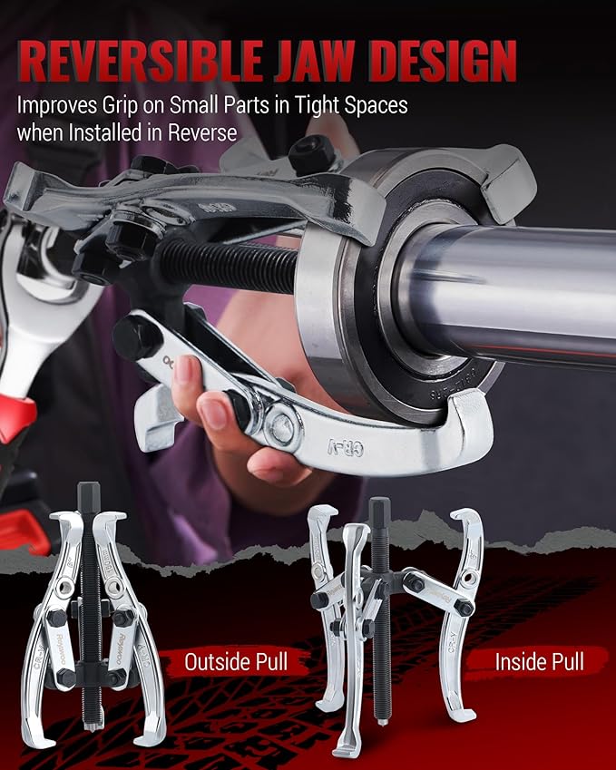 Gear Puller Set, 3" 4" 6" 8" Bearing Puller Kit for Pulley Gear Bearing Flywheel Removal, Cr-V Steel 2 Jaw & 3 Jaw Gear Puller with Reversible Jaws