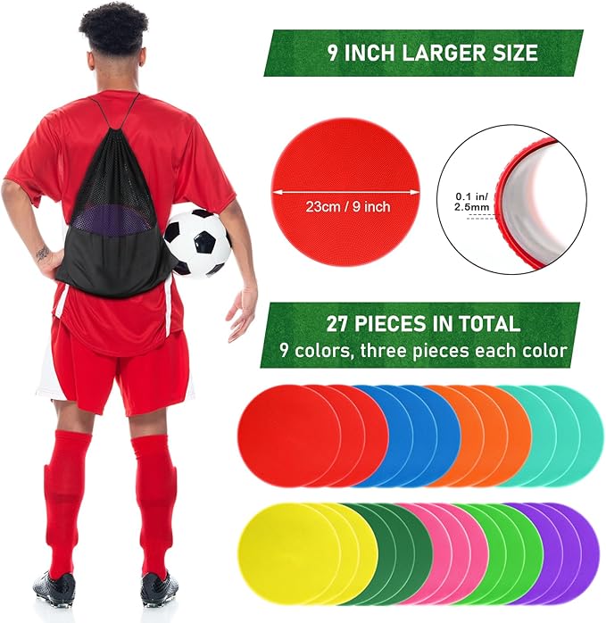 Poly Spots Spot Markers for Gym Floor 9 inch 18/27/36Pcs Flat Cones Non-Slip Rubber Floor Dots for Kids Sports Soccer Basketball Agility Training Dance Classroom