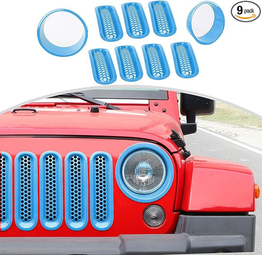 CheroCar for JK Mesh Grille Grill Insert & Headlight Cover Trim Exterior Accessories for Jeep Wrangler JK 2007-2018,Light Blue…