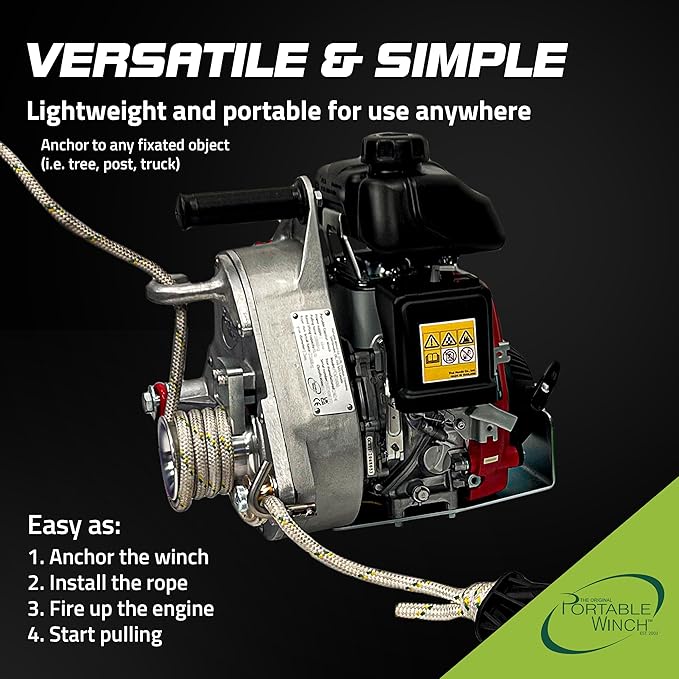 Portable Winch PCW5000 Gas-Powered Capstan Winch - 2200 lbs Pulling Capacity Winch, Honda GXH50 Engine Portable Gas Winch for Hunting, Logging, and Towing