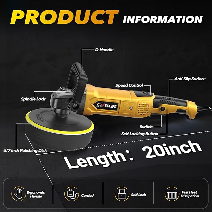 GEVEELIFE Buffer Polisher, 6 Inch/7 Inch 1600W Rotary Car Buffer Polisher Waxer, 7 Variable Speed 1000-3500 RPM, Detachable Handle for Car, Boat Sanding, Polishing, Waxing(Yellow)