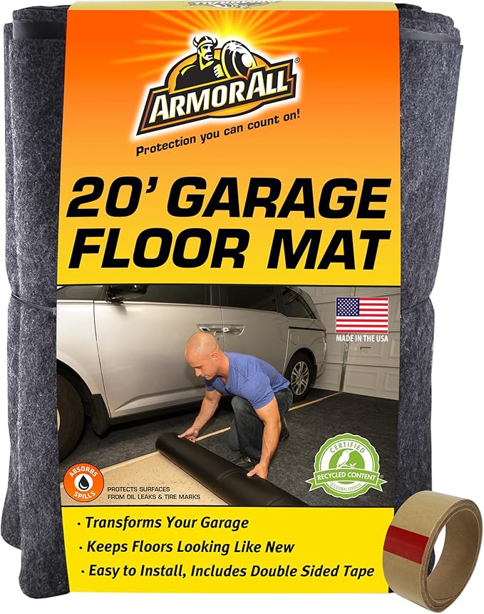 Armor All Original Garage Floor Mat, (20' x 7'4"), Protects Surfaces, Transforms Garage, Absorbent, Waterproof, Durable (Includes Double Sided Tape) (USA Made) (Charcoal)