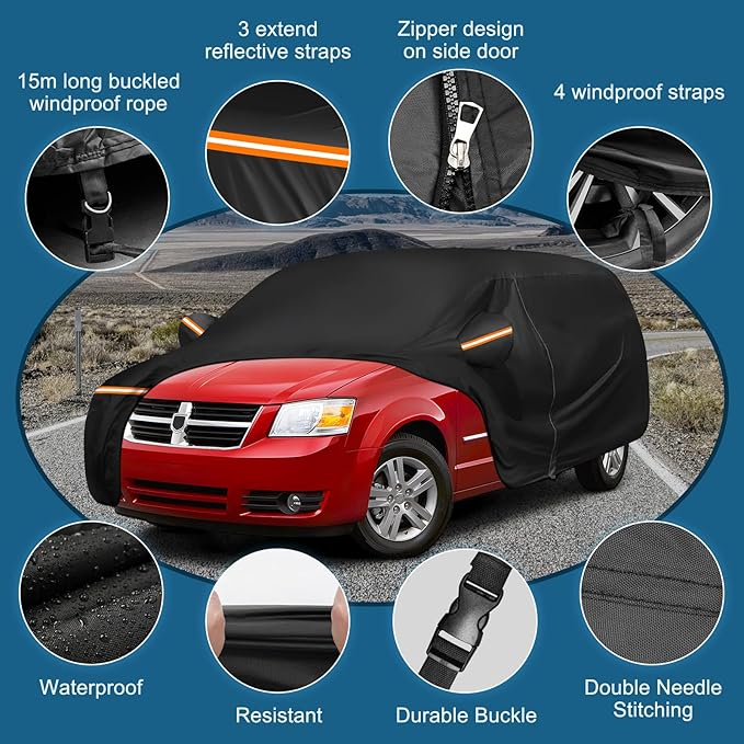Car Cover for 1984-2020 Dodge Grand Caravan,Chrysler Grand Voyager,1984-2000Plymouth Grand Voyager, Waterproof 210D Oxford Cloth and Cotton Cover Outdoor Full Car Covers