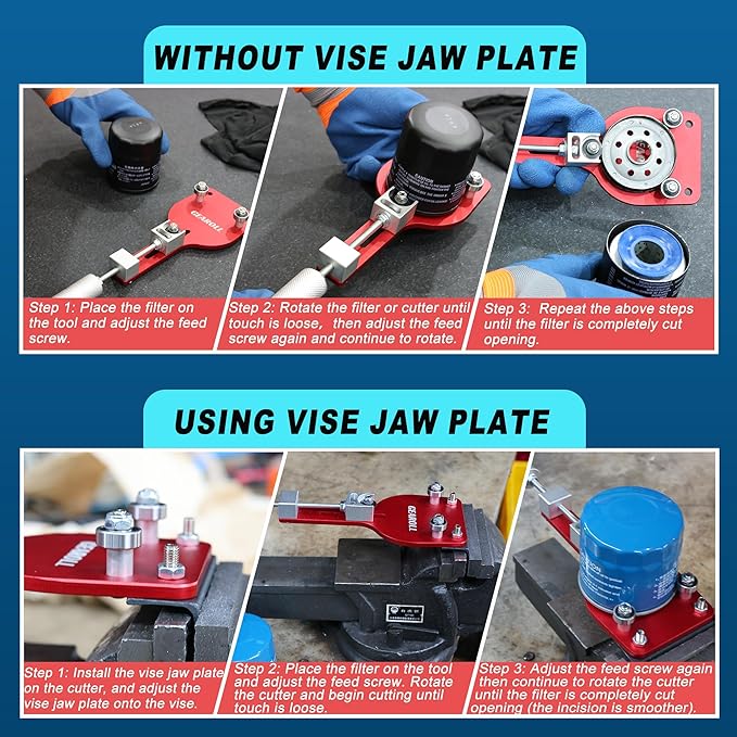 77750 Oil Filter Cutter Tool with Vise Jaw Plate, Oil Filter Cutter Cutting Tool for Filter Cutting Range 2-3/8" to 5" (Red)