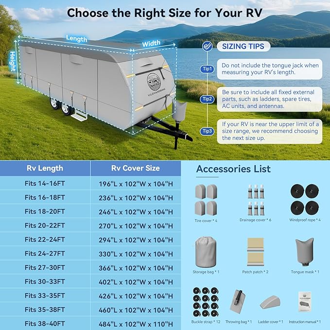 Travel Trailer RV Cover 33-35ft, Multi-Layer Breathable Rip-Stop Camper Cover with Water-Resistant Coating, Repair Kit, Gutter Protection, Tire Straps