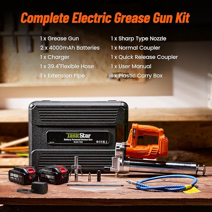 Electric Grease Gun, 10000 PSI High-Efficiency Battery Powered Grease Gun with 2 * 4.0Ah Batteries and Charger, for Farmers, Mechanics, and Equipment Owners, Orange