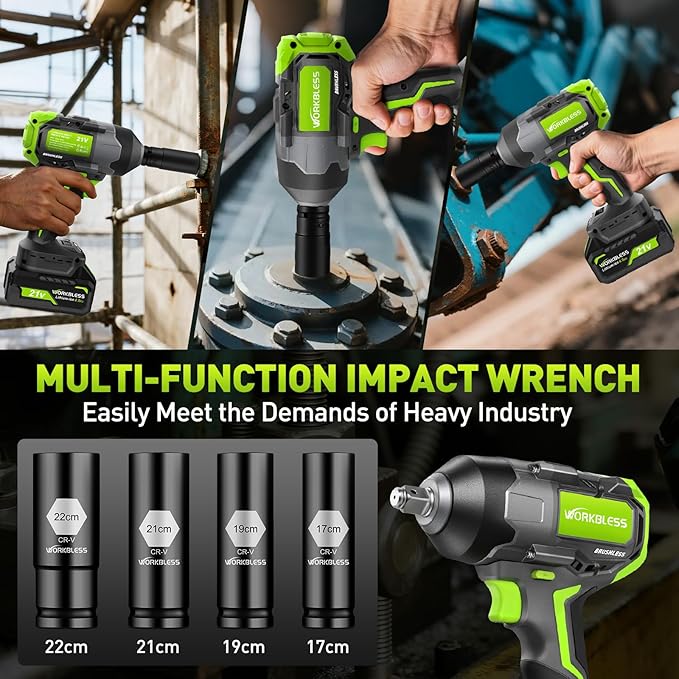 Cordless Impact Wrench 1/2 Inch: Brushless 1/2 Impact Gun Kit - Max 1200N.m (885ft-Lbs) High Torque Impact Driver for Car Tire, Mower, 20V 4Ah Battery, 3-Speed, 4 Socket, LED Light
