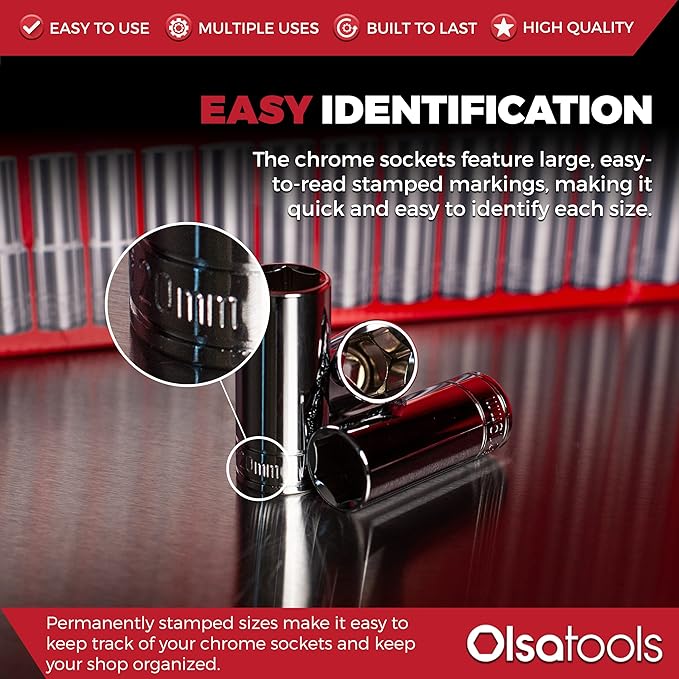 Olsa Tools Metric Deep Socket Set - 3/8-Inch Drive, 15pc - 6-Point Chrome Sockets from 6mm–20mm and No Skipped Sizes - Mechanic Deep Metric Socket Set - Professional Grade Long Sockets - Part: 1316