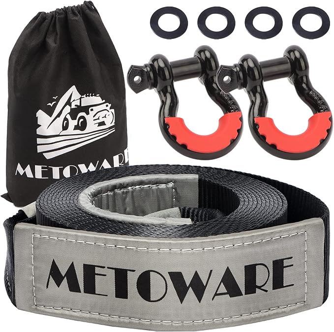 METOWARE Tow Strap Recovery Kit 3" x 30ft, Heavy Duty 35,000lbs Break Strength Tow Strap with 3/4" D Ring Shackles(2pcs) & Storage Bag, Emergency Off Road Towing Rope for SUV, UTV, ATV, Truck