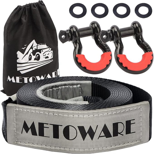 METOWARE Recovery Tow Strap Kit 3" x 20ft, Heavy Duty Recovery Strap 35,000lbs Break Strength with 3/4" D Ring Shackles(2pcs) & Storage Bag, Emergency Off Road Towing Rope for SUV, UTV, ATV, Truck