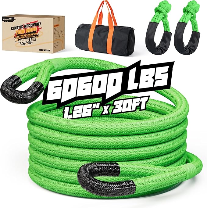 Kinetic Recovery Rope,1.26" x30ft Heavy Duty Offroad Tow Rope/60600 lbs Snatch Strap with Soft Shackles, 100% Nylon Offroad Towing Straps Kit for Truck ATV UTV SUV Jeep Car Tractor - Green