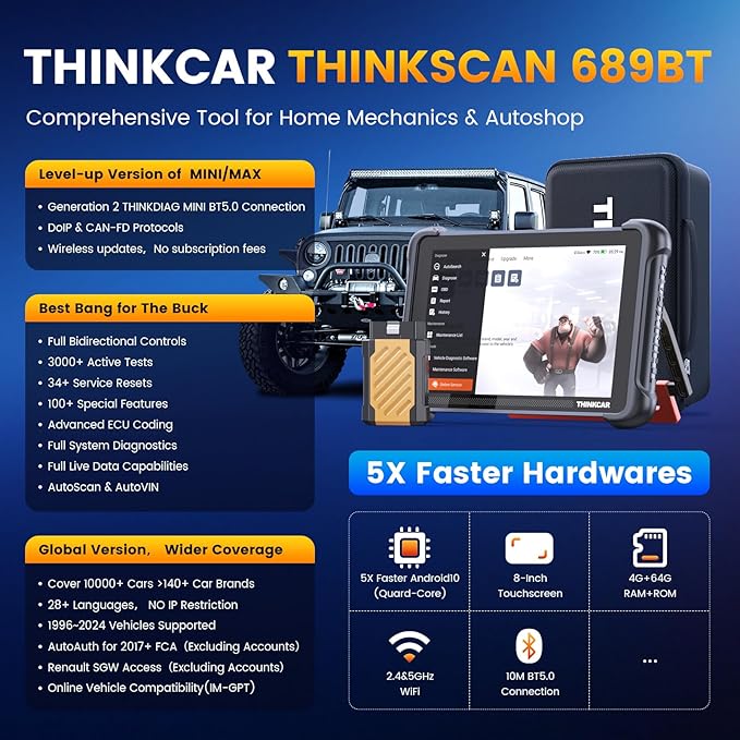 THINKCAR Bidirectional Scan Tool, THINKSCAN 689BT All System Automotive Diagnostic Tool, Bi Directional OBD2 Scanner with ECU Coding, 34 Services, FCA Autoauth, CANFD and DoIP, Wireless Update