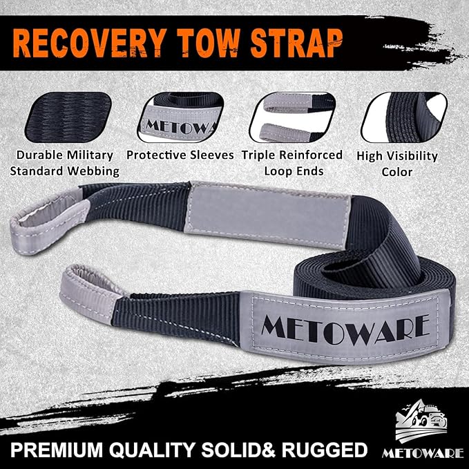 METOWARE Tow Strap 3'' × 30ft Recovery Strap, Heavy Duty Tow Straps with 35,000 lb Capacity, Recover Vehicle Stuck in Mud/Snow, Triple Reinforced Webbing, Extreme Water-Resistant (Gray)