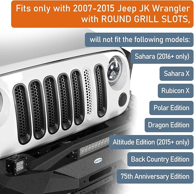 Hooke Road Matte Black Grill Inserts Front Mesh Grille Cover for 2007-2015 Jeep JK Wrangler & Unlimited Wrangler Accessories (7PCS Black + 1PCS White)