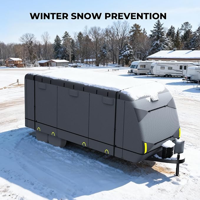 RVMasking Travel Trailer RV Cover 24-26ft, 7 Layers Extra-Thick Camper Cover Waterproof Windproof for Toy Hauler with 4 Tire Covers & Tongue Jack Cover, Durable Trailer Cover for RVs, Medium Gray