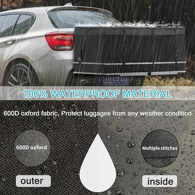 Hitch Mount Cargo Carrier Bag 100% Waterproof Cargo Traveling Bag for Car Truck SUV Vans' Hitch Trays, 12.5 Cubic Feet Heavy Duty Vehicle Soft Shell Safe Steady Durable Soft (Hitch Cargo Bag)
