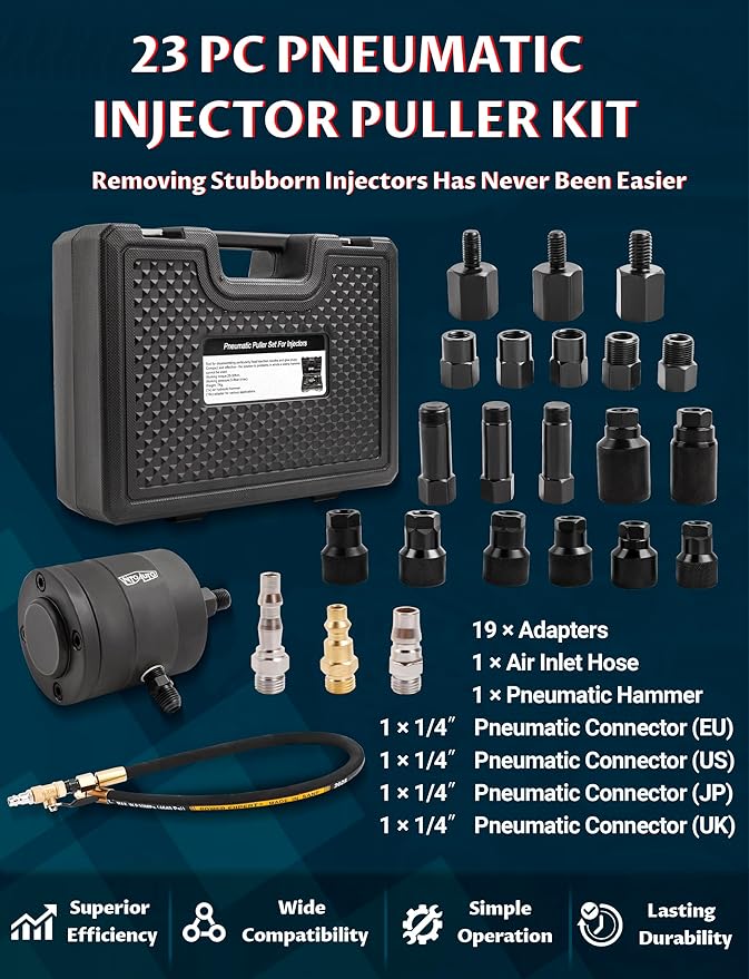 Pneumatic Injector Puller - Heavy Duty Engine Puller Tool for Diesel & Gas Injectors, Universal Fit with Adapters (23pcs)