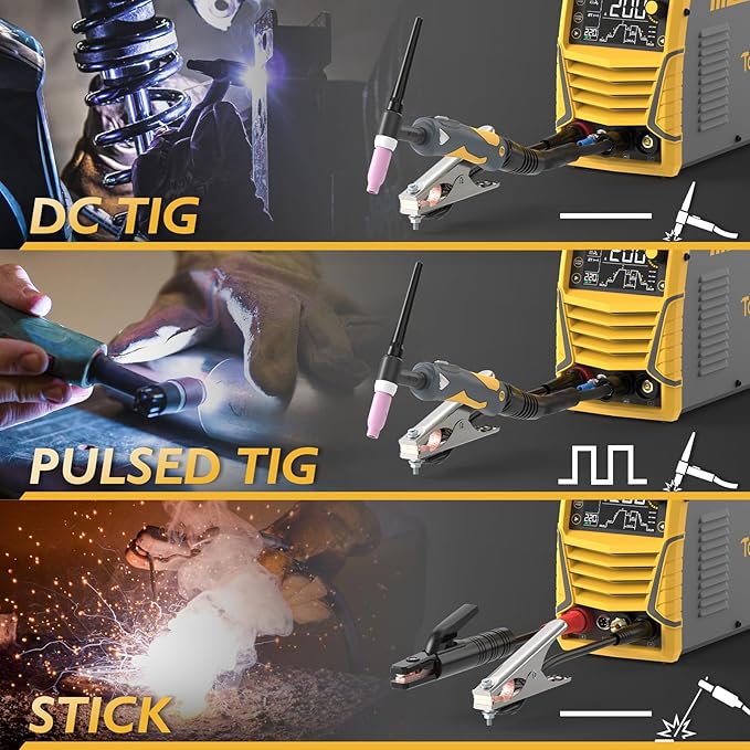 TOOLIOM TIG Welder with Pulse Multifunctional TIG Welding Machine DC TIG/Spot TIG/Pulse TIG/Stick 110&220V Dual Voltage with Large Digital Display