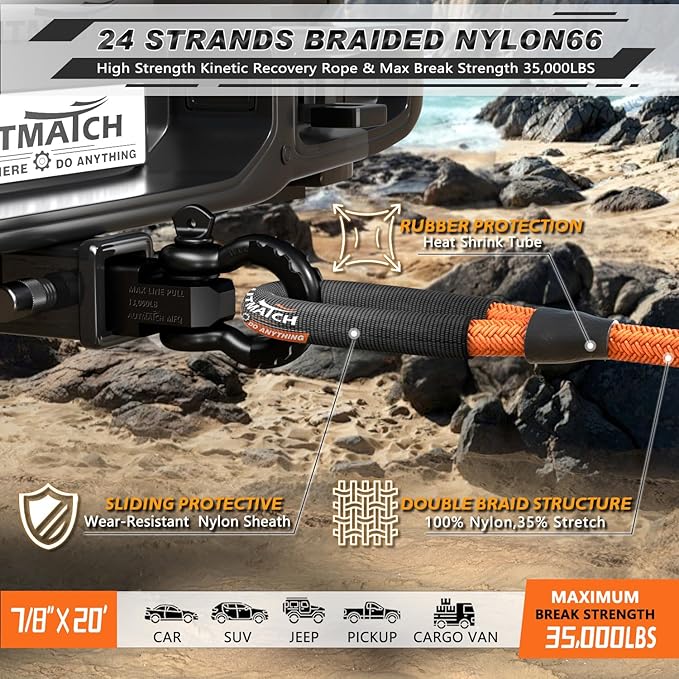 AUTMATCH Kinetic Recovery Tow Rope 7/8" x 20FT - Heavy Duty Offroad Snatch Strap 35000Lbs, 35% Elasticity Energy Recovery Tow Rope for 4x4 Off-Road Vehicle, Truck, Trailer, ATV, UTV, Orange