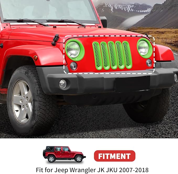 Mesh Grille Grill Insert+Headlight Turn Light Cover Trim Fit for 2007-2018 Jeep Wrangler JK JKU(Green)