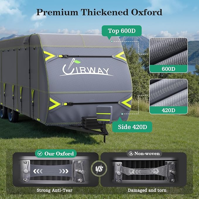 UIRWAY 600D Oxford RV Cover Travel Trailer 22-24ft, Upgraded Waterproof Camper Cover for Toy Hauler, Windproof Rip-Stop Heavy Duty RV Winter, Weatherproof & Anti-UV, 4 Tire Covers,Tongue Jack Cover