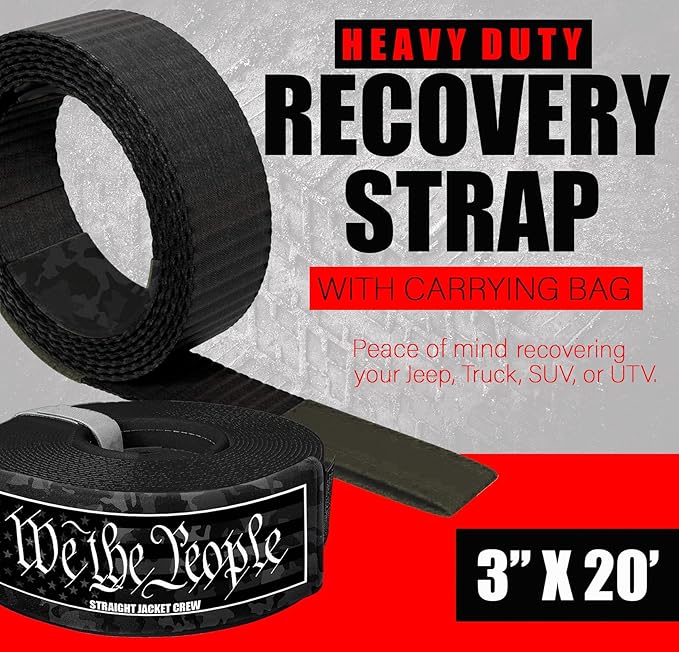 3" X 20' Heavy Duty Tow Strap - 30,000 Lb Break Strength Recovery Strap for Truck, SUV, Jeep & Off-Road Use | Reinforced Loops, Abrasion Sleeve & Carry Bag Included.